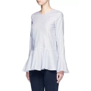 Theory Lexanda Mason White Blue Striped Long Bell Sleeve Peplum Blouse Top Sz XS